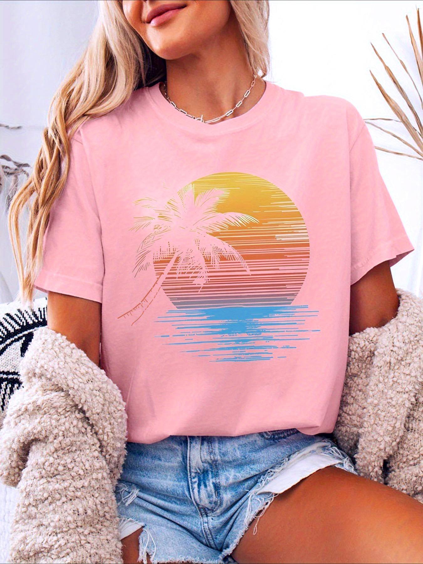 

Тропическая футболка с пальмой Мягкая женская футболка с тропическим рисунком пальмы Короткий рукав Круглый вырез Повседневный топ на лето Женский 4XL