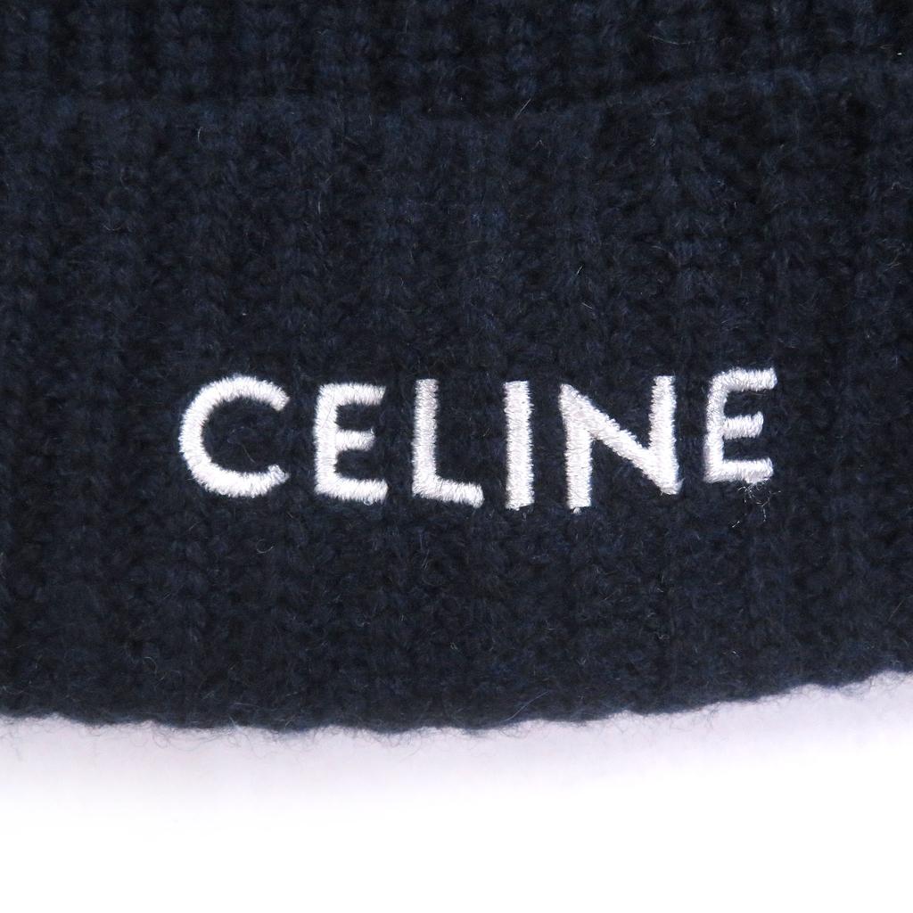 Pristine CELINE Knit cap Logo embroidery beanie Navy cashmere mens 2AG83207O Used