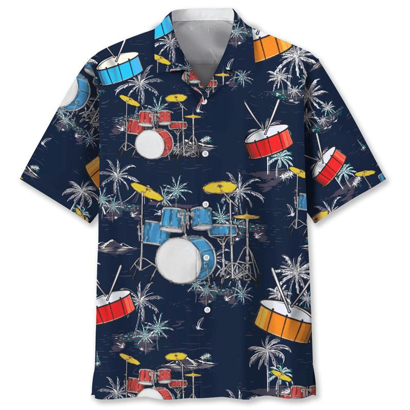 Vintage Drums Hawaiian Shirt For Men Musical Instruments Graphics Short Sleeves Shirts Street Loose