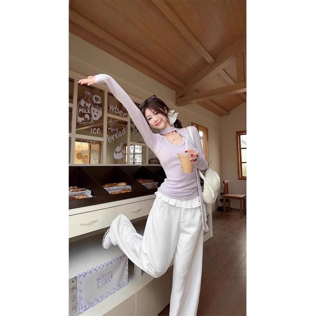 Women's Spring Wind Collar Long-Sleeve Ribbon Two-Piece Design T-Shirt