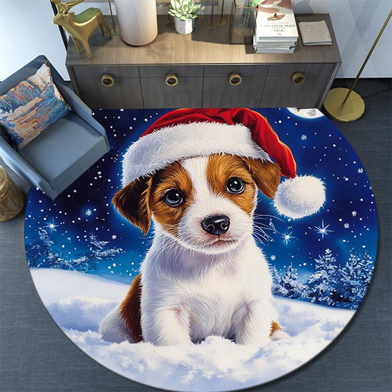 Christmas Puppy Round Area Rug,Carpet Rug for Living Room Bedroom Sofa Playroom Decor,Non-slip Floor Mat