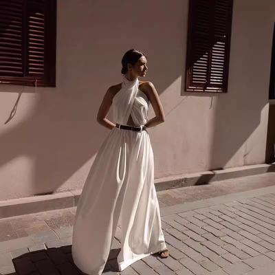 Mono de Mujer con Escote Halter sin Mangas de Corte Holgado Color Sólido con Aberturas Cintura Alta con Cinturón Pierna Ancha Ropa de Verano Elegante para Vacaciones