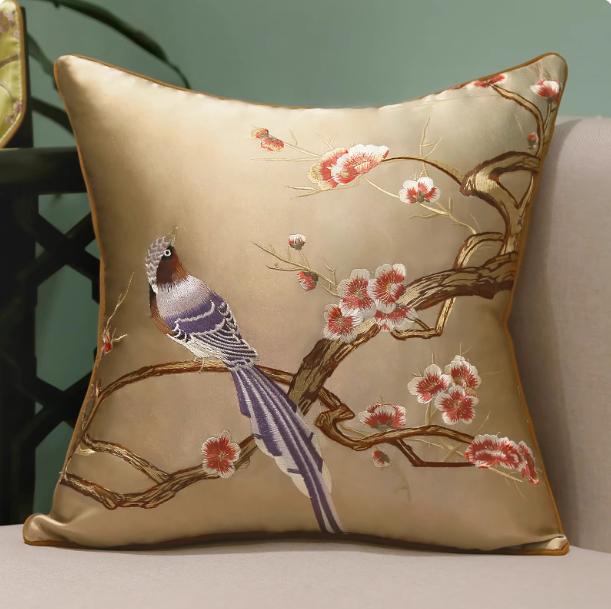 Housse de coussin en soie motif rose style chinois Housse de coussin bleu café lack style chinois Housse de coussin luxe oiseaux fleurs 40x60cm