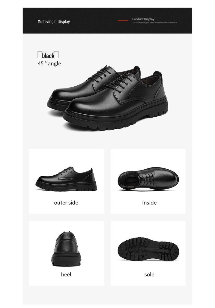 Men's Black Leather Derby Shoes - Winter 2025, Height Increasing, Thick Sole, Casual to Formal, with Plus Velvet for Warmth