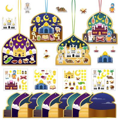 36pcs/set Cartoon Islamic Sticker Craft Kit Ramadan Kareem Hanging Gift Tags Crescent Moon Stickers for Mosque Party Supplies