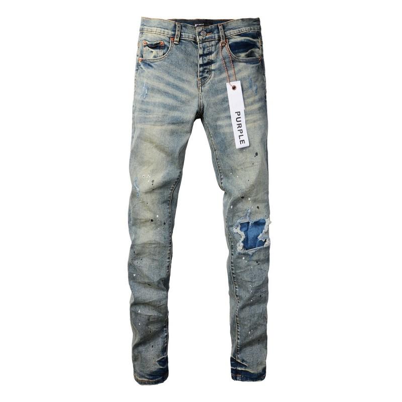 Mens Slim Fit Distressed Denim Jeans With Embroidered Patch Vintage Ink Wash Stretch Cotton Streetwear Style