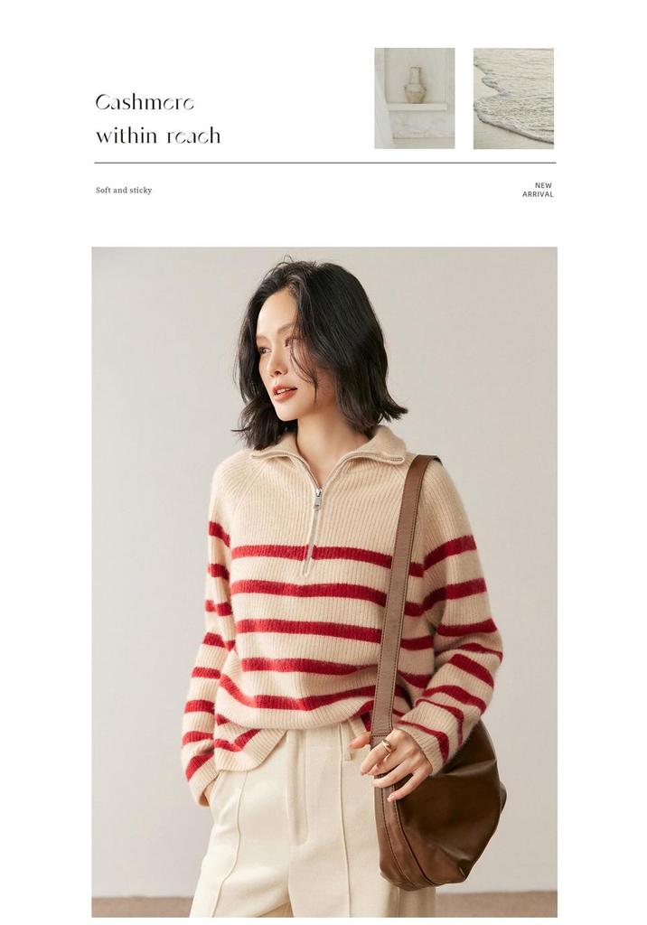 2026 Autumn Winter Women's Cashmere Half-High Collar Zipper Striped Knit Sweater