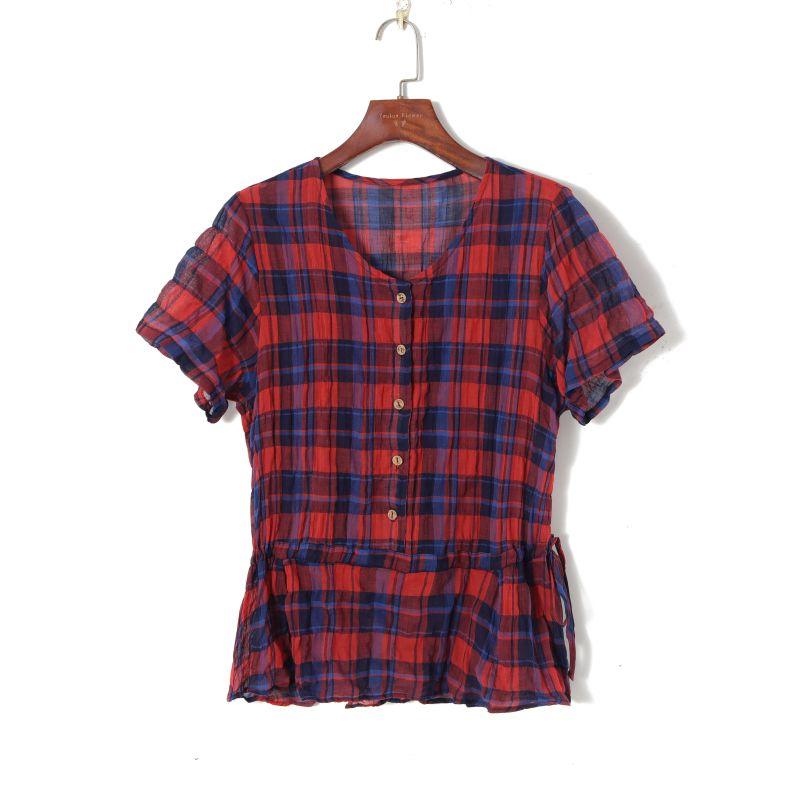 

Fashion Korean-Style Button Half-Open Slim Shirt Pullover Red lattice All yards