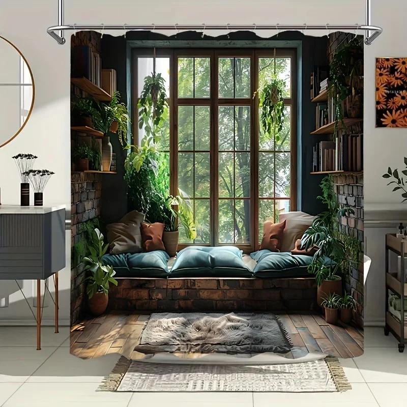 

Rustic Window With Books And Plants Shower Curtain- Cozy Bath Decor, Perfect For Those Who Love Vintage And Nature-Inspired W60H190(CM)-1 Pcs