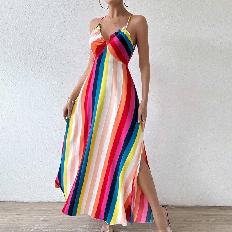 Damen Sommer Ethno Muster Rückenfrei Schlitz am Oberschenkel Kleid Damen Sommerkleidung Boho Mode Rüschenbesatz Langes Kleid für den Strand