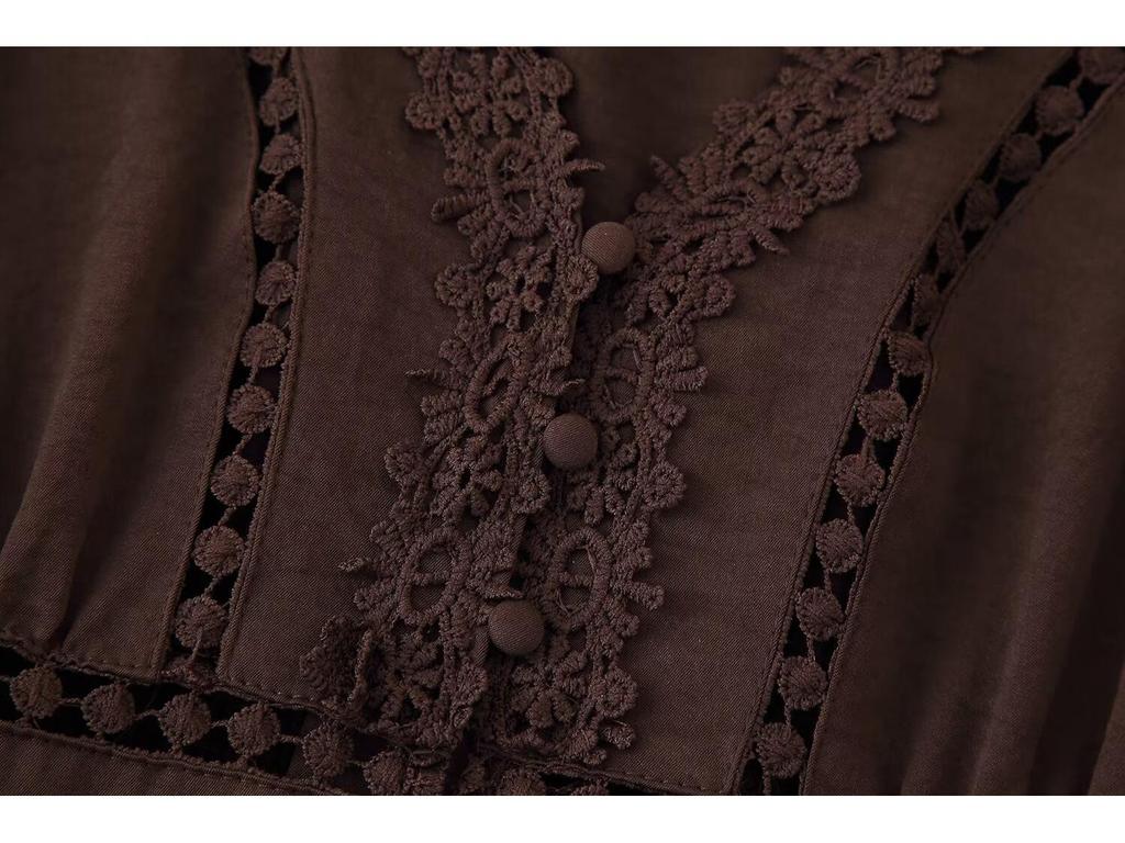Women's European American Lace Trim V-Neck Long Sleeve Dress