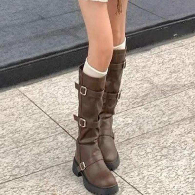 Fashion Women's Knee High Boots New Autumn Belt Buckle Chunky Heel Shoes for Women Outdoor Dress Women's Thigh High Riding Boots Zapatos
