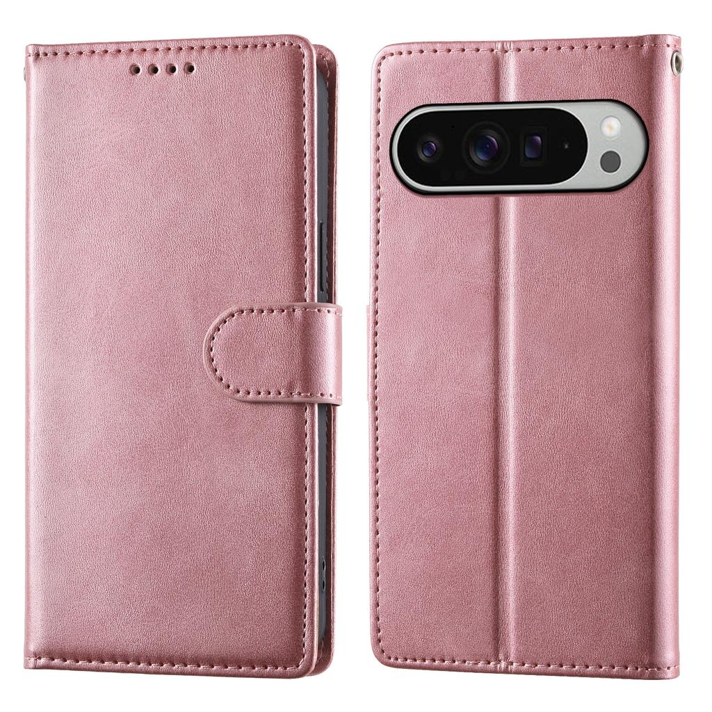 For Google Pixel 9 Pro XL Case Stand Wallet Calf Texture PU Leather Flip Phone Cover with Wrist Strap