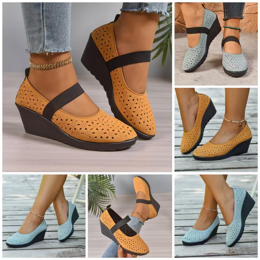 Fashion Hollow Out Breathable Single Shoes Summer New Slip On Round Toe Shallow PU Leather Soft Sole Mid Heel Pumps Zapatos De Mujer