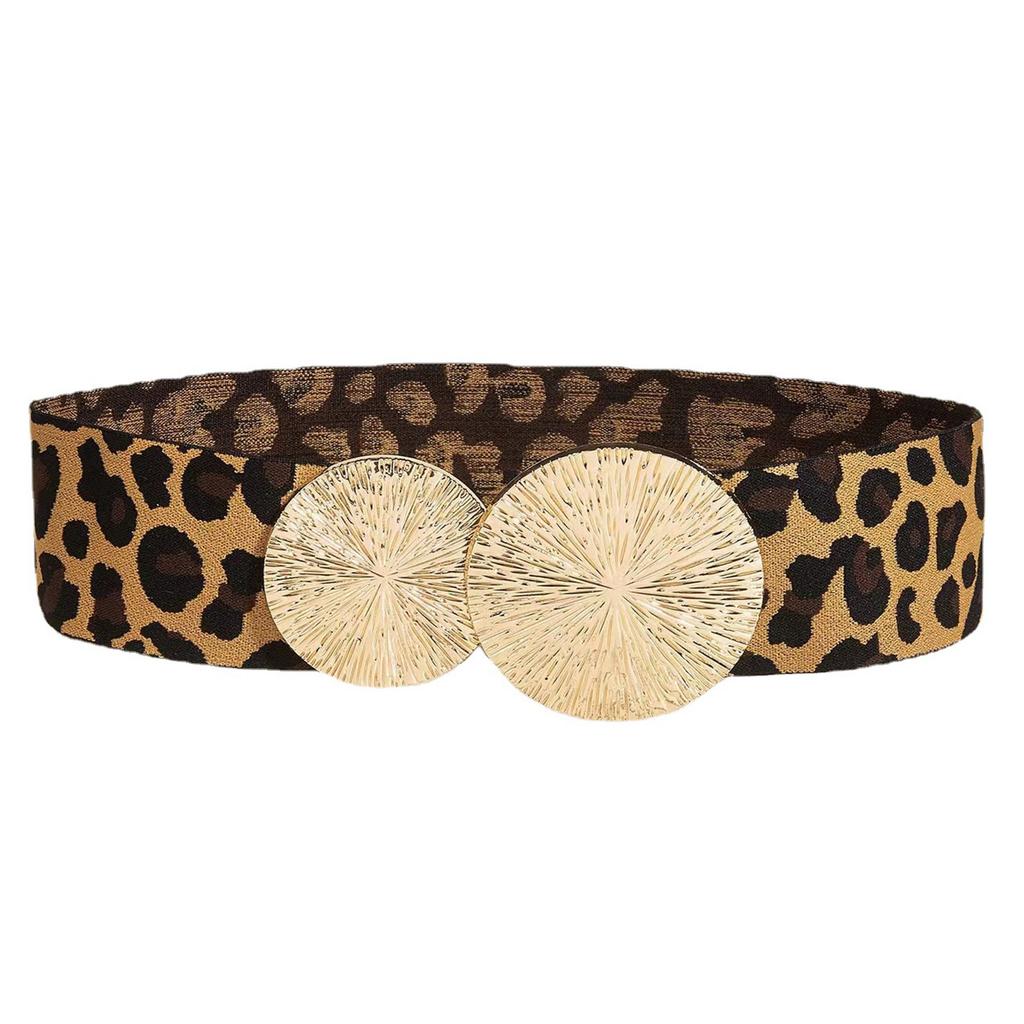 Ladies Leopard Print Corset Elastic Wide Waist Belt with Round Buckle Universal Women Banquet Dress Shirt Coat Corset