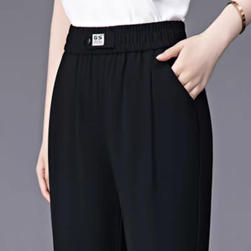 Summer Thin Ice Silk Cropped Casual Harlan Pants Women Solid Elastic Waisted Pockets Fashion Versatile Loose Straight Trousers