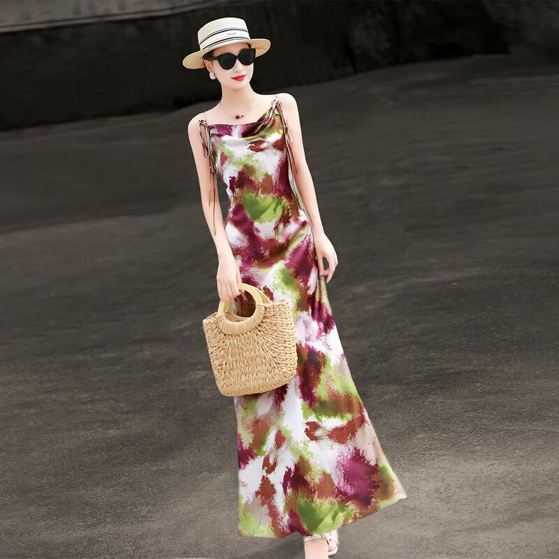Lanseer Elegant Oil Print Satin A-Line Midi Dress
