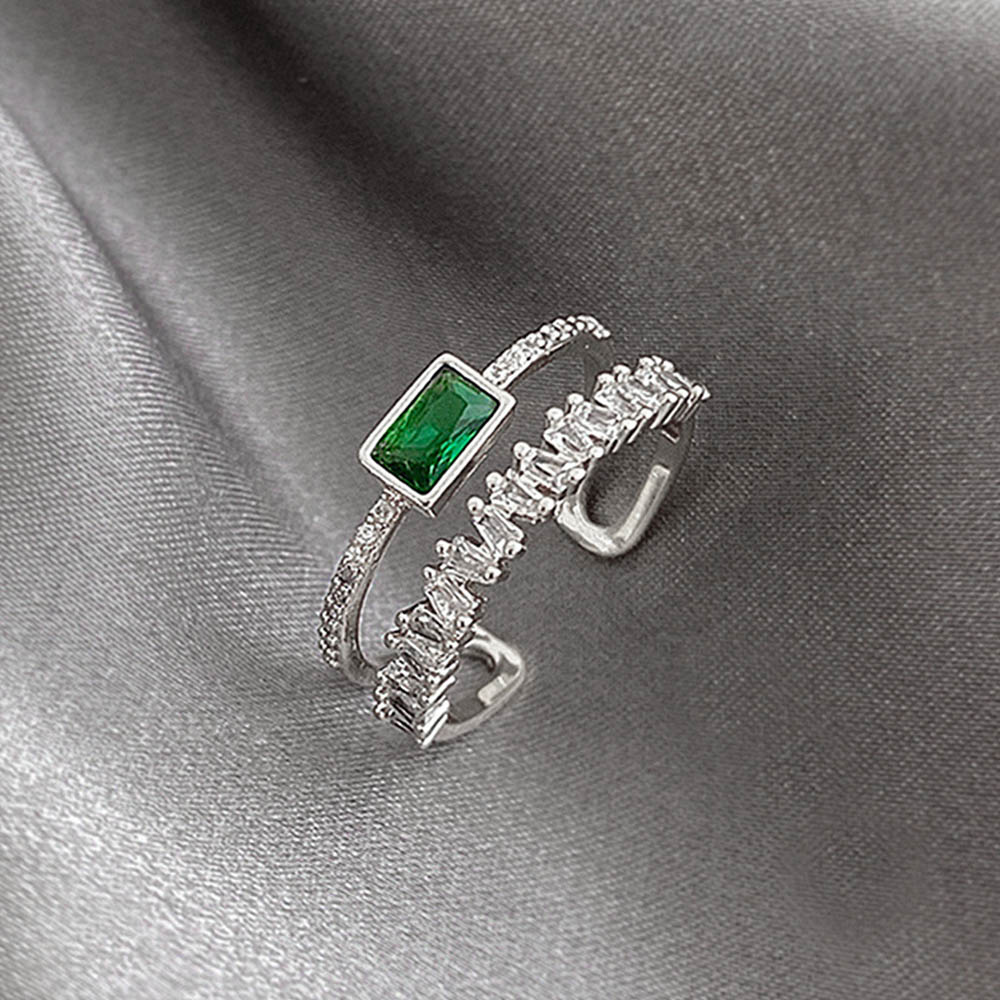 Huitan Korean Style Double Layer Finger Ring For Women Green Cz Geometric Shape Fashion Versatile Opening Rings  New Jewelry