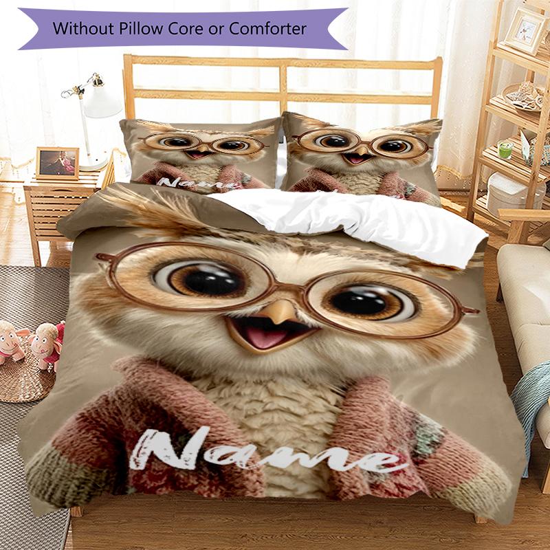 3pcs Custom Name Owl Bedding Set Duvet Cover Closure Includes 1 Duvet Cover & 2 Pillowcases, Soft and Comfortable for All Seasons.