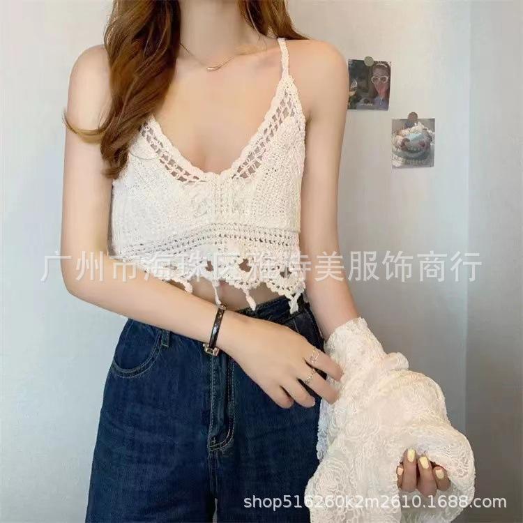 New fashionable and sexy tube top with small suspenders for women's summer seaside beach lace-up hollow knitted neck top
