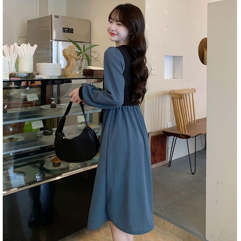 2026 Autumn Korean Style Elegant Waist-cinching Slim Fit French Retro Patchwork Midi Dress