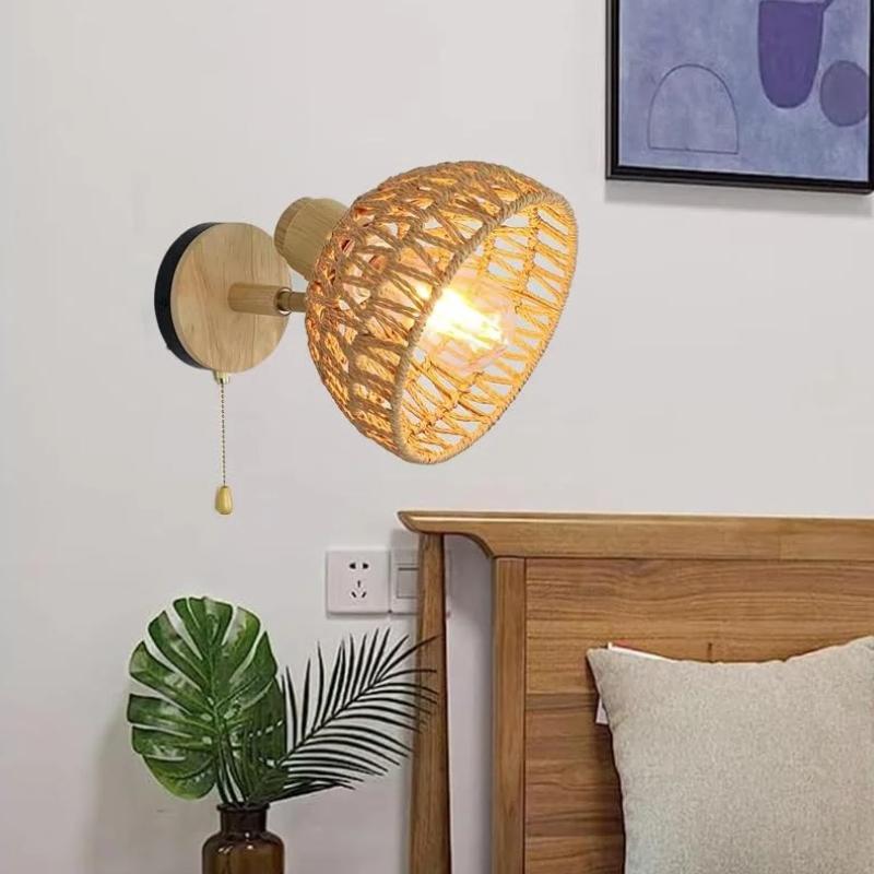 New Retro Hemp Rope Woven Wooden Wall Lamp Bedroom Bedside Lamp Living Room Dining Room Study Decorative Lighting E27
