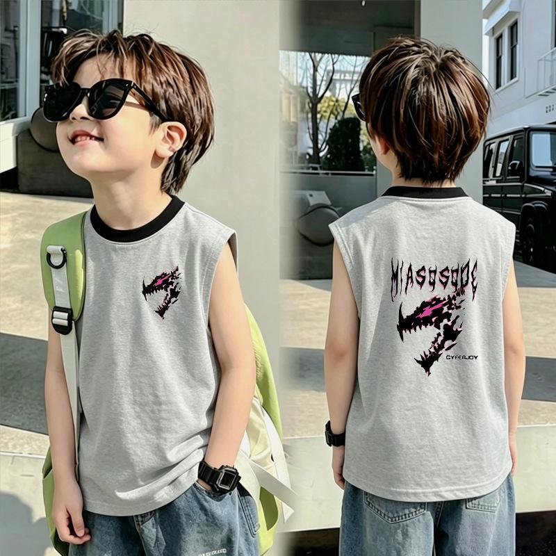 Boys' Contrast Color Cotton Vest T-shirt - Summer 2026 New Arrival, Medium/Large Sizes, Patchwork Sleeveless Top