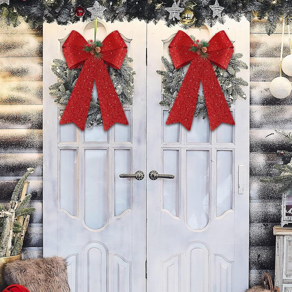 MCEAST 2 Pack Red Christmas Bows 12 X 18 Inches Xmas Wreaths Garland Bows with Pinecones for Christmas Tree Ornaments Sets Indoor Outdor Decoration