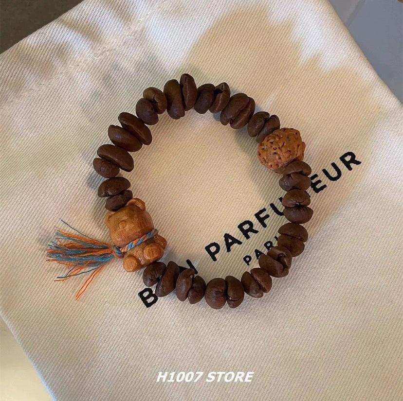 

Cartoon Kitten Bracelet: Cute Ceramic, Ivory, Turquoise & Wood Beads, Coffee Bean Style for Women