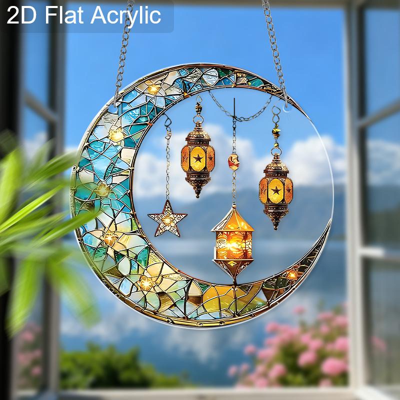Acrylic Crescent Moon with Lanterns Suncatcher Stained Glass Effect Window Hanging Ornament Boho Lover Gifts