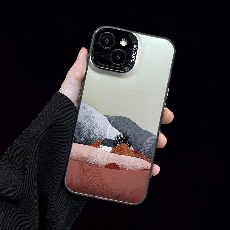 Mountain Landscape Cottage Minimalist Style Painting Phone Case For IPhone 16 15 Plus 16 15 14 13 12 11 Pro Max Mini Laser Cover