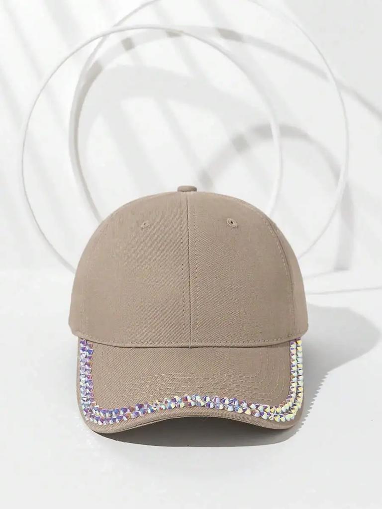 Womens Rhinestone Embellished Solid Color Baseball Cap Sun Protection Visor Hat For Outdoor Sport Travel Party