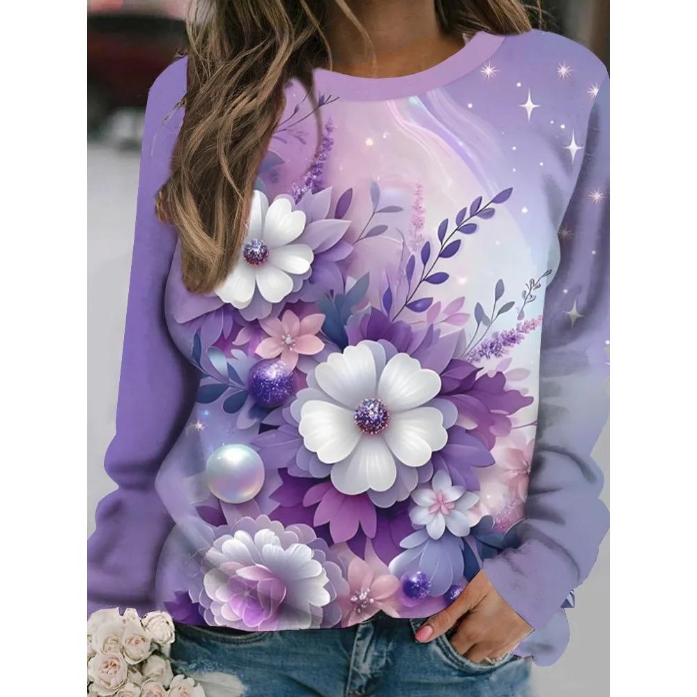 Fashion Versatile Flower Print Women's Top Long Sleeve Casual Loose T-Shirts Women’s Pullovers Long Sleeves Women’s