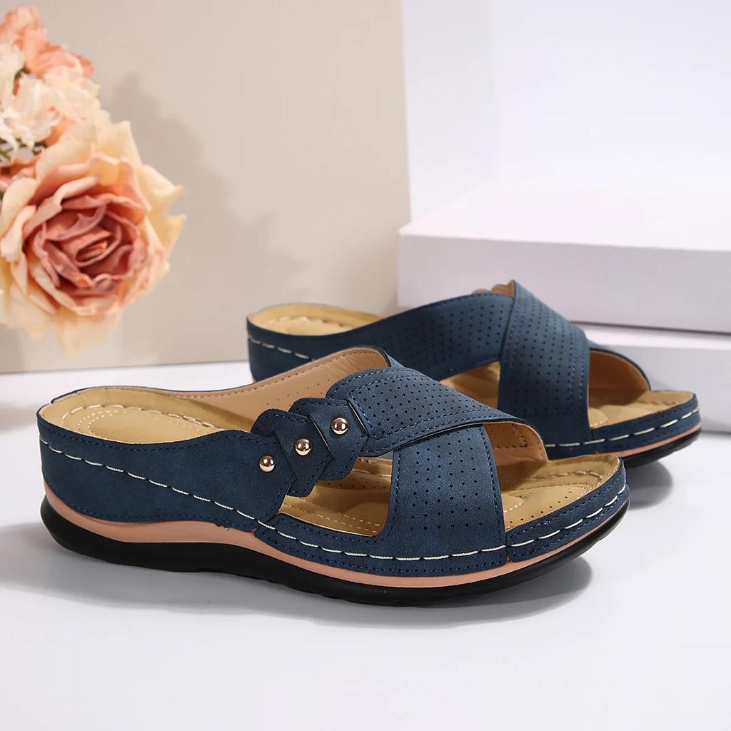 Fashion Vintage Mid Heel Strappy Back Open Toe Slide Sandals - Soft Faux Leather Upper Comfy PU Sole Comfortable Shoes for Women