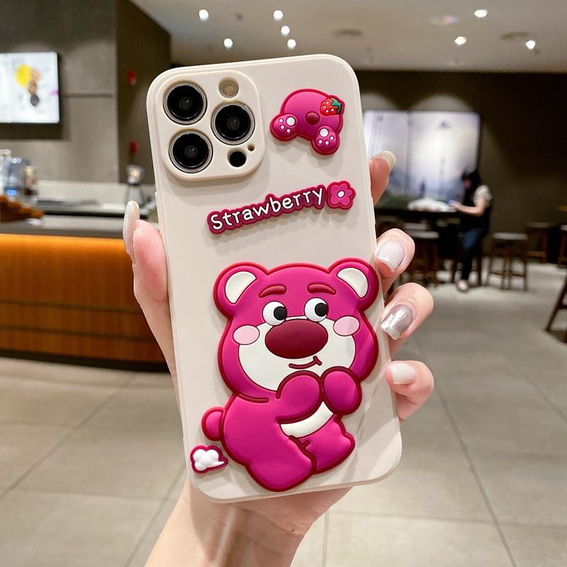 Shy strawberry bear applies to Apple 17 mobile phone case cute iPhone16 creative 15promax three-dimensional cartoon 14