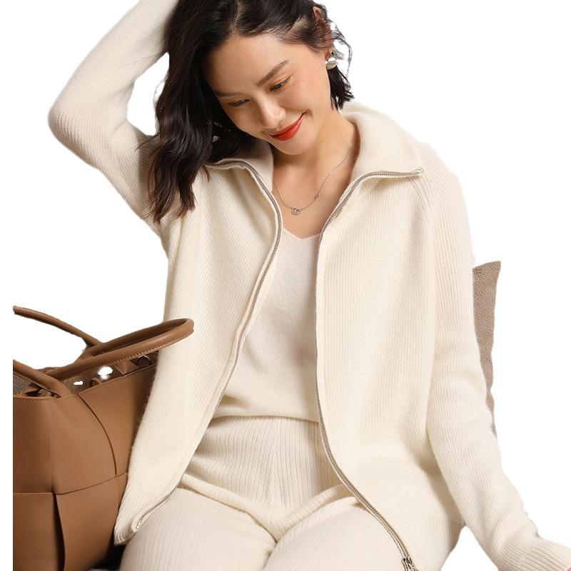 Cashmere Loose Polo Lapel Solid Color Double Zipper Knit Cardigan Sweater for Women - 2026 Autumn/Winter Collection.