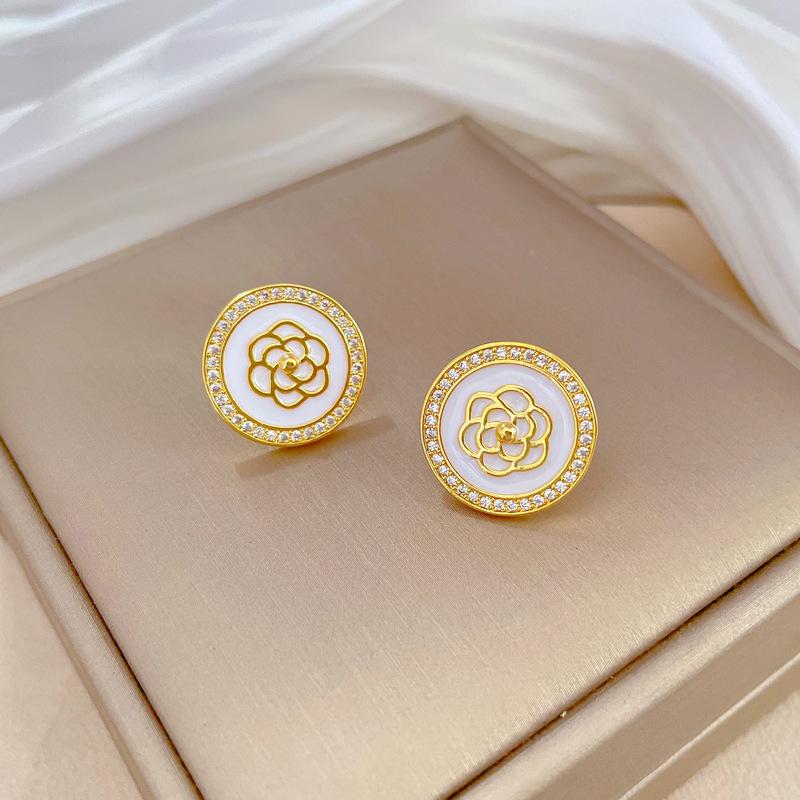 Round Camellia Necklace Earrings Set Light Luxury Micro-Inlaid Personalized Temperament Banquet Ear Decoration Combination