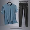 Men's Ice Silk Casual Sports Outdoor Loose Two Piece Set Breathable Quick Drying Round Neck T-shirt Pants