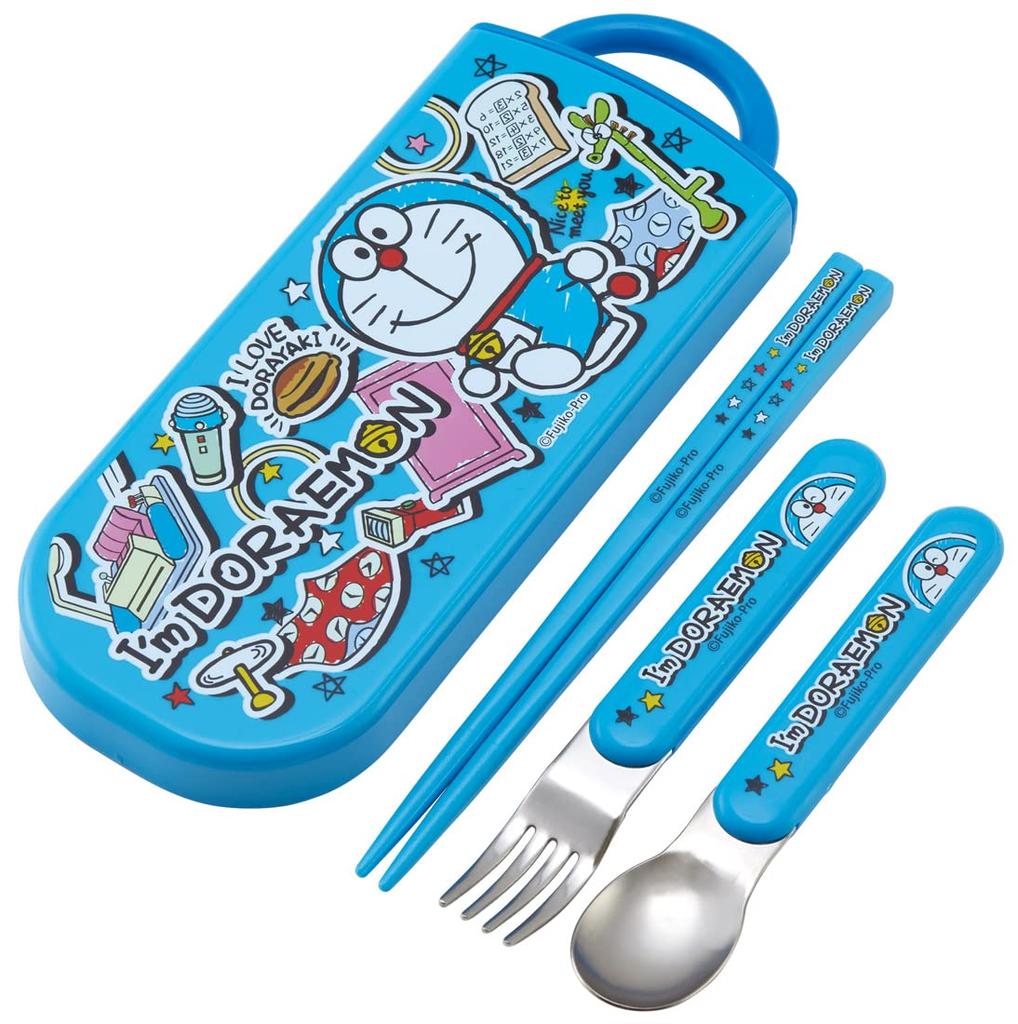 Skater Trio Doraemon Made in for Kids Set Chopsticks, Spoon, Fork, Stickers, Antibacterial, Japan, (TACC2AG-A)