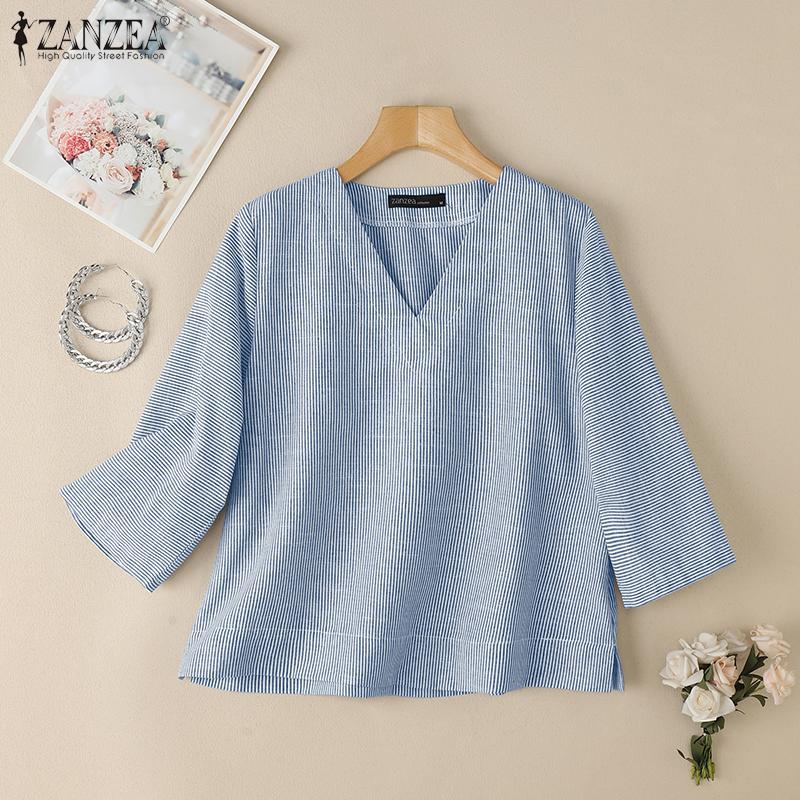 ZANZEA Damen V-Ausschnitt Locker Lässig 3/4 Ärmel Streifen Bluse