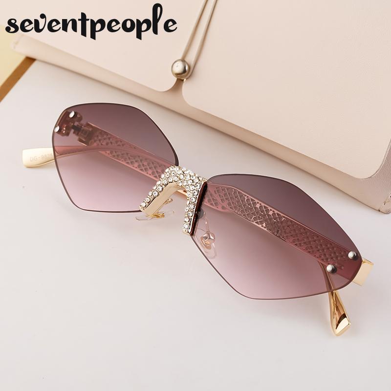 Small Metal Frame Hexagon Rimless Sunglasses Women Luxury Brand Design Polygon Sun Glasses For Ladies Retro Eyewear Shades