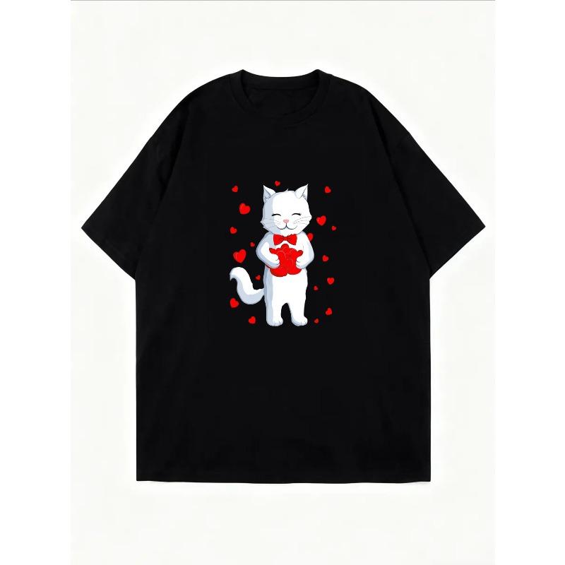 White T Shirt With Cute White Cat Holding Red Heart And Hearts Pattern For Valentine's Day And Casual Wear