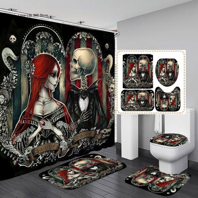 Jack Skellington Muster Duschvorhang Halloween Weihnachten Coole Mode Totenkopf Bodenmatte Teppiche Toilettenbezug Set Badzubehör
