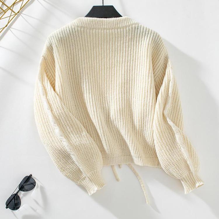 Vintage Autumn Winter V-Neck Sweater Loose Long Sleeve Cardigan Solid Color Knitwear Top