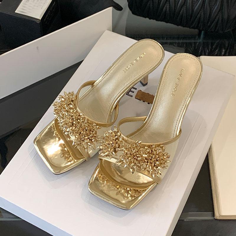 Fashion Fashion Luxury Rhinestones Women Thin Heels Pumps Shoes Slip On Footwear Ladies High Heels Shoes Female Slides Sandals