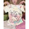 Sweet and Spicy Cartoon Cat Printing Shoulder Short-Sleeved T-shirt Female Summer Wooden Ear Silm Ruched Waist-Controlled Top Tide