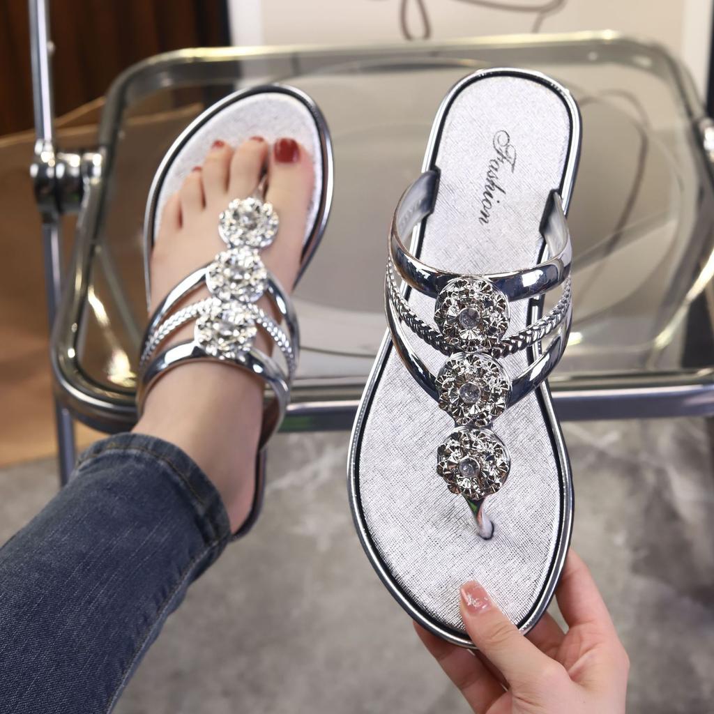 Women's Rhinestone Flip Flops, Summer Glittering Sandals with Round Diamonds, Comfortable Flat Sole Thong Sandals for Beach, Vacation