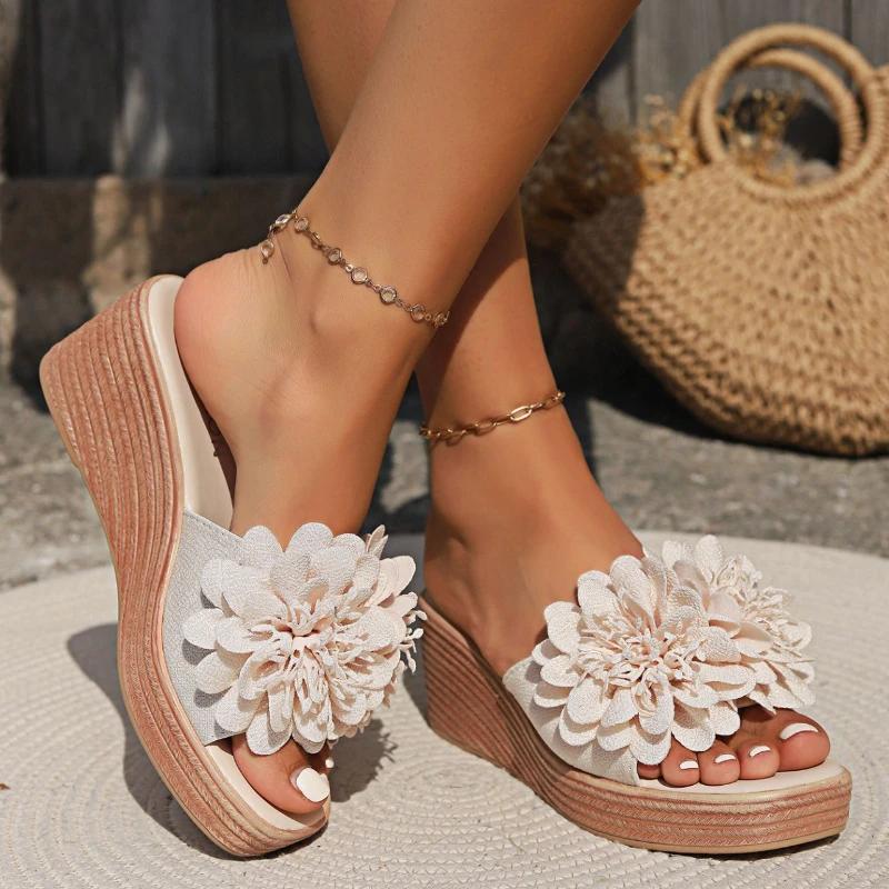 Fashion European American Slope Heel Slippers 2024 Summer New Flower Decoration Square Head One Word Large High Heel Women's Slippers