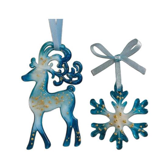 Ručně vyráběné pryskyřičné vánoční ozdoby Modré a zlaté sobí vločky Ozdoba na vánoční stromek s poutky Vintage sváteční suvenýr