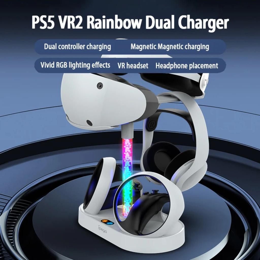 Magnetic RGB Charging Stand for PS5 Console & PS VR2, Dual Controller Charger with Headset  Glasses Storage Holder